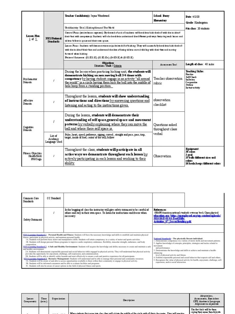 Cortland Lesson Plan 1 355 PDF Educational Assessment Physical Fitness