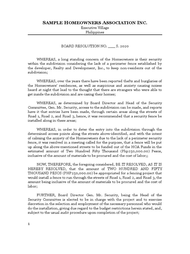 Sample HOA Board Resolution PDF Justice Crime & Violence