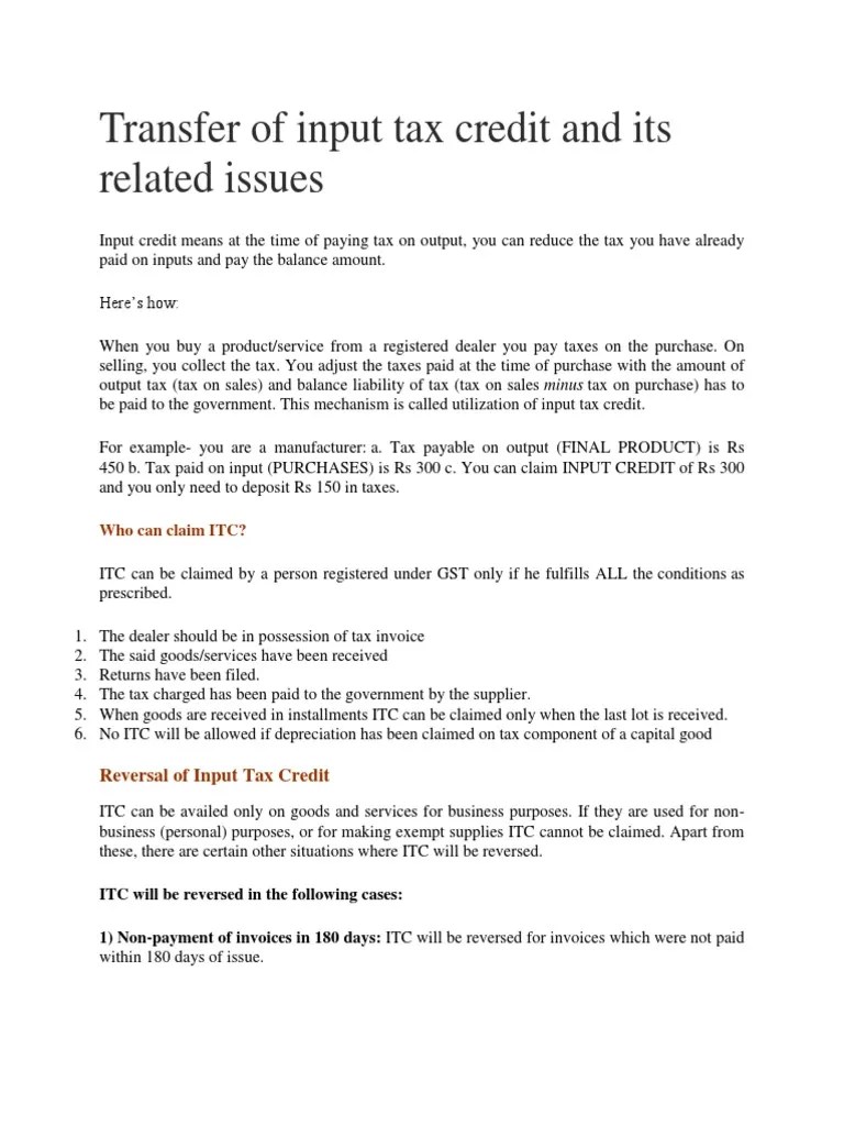 Transfer of Input Tax Credit and Its Related Issues Who Can Claim ITC? PDF Invoice Value