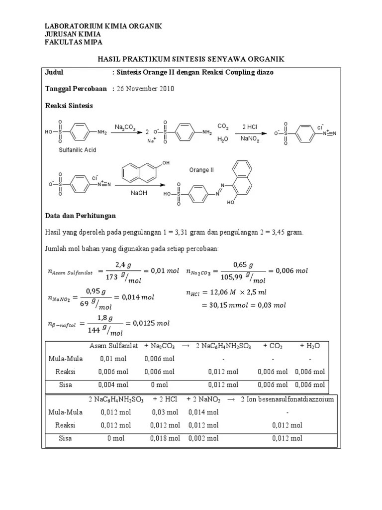 Hasil Praktikum Sintesis Senyawa Organik Judul Sintesis Orange II