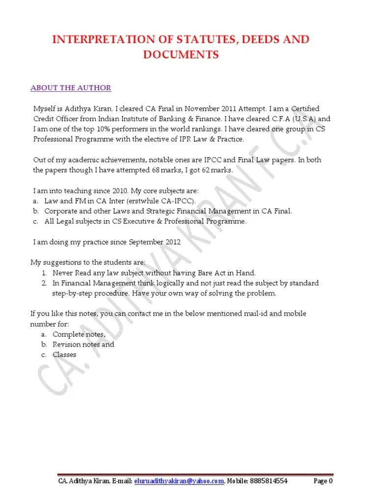 Interpretation of Statutes Notes PDF Plain Meaning Rule Statutory