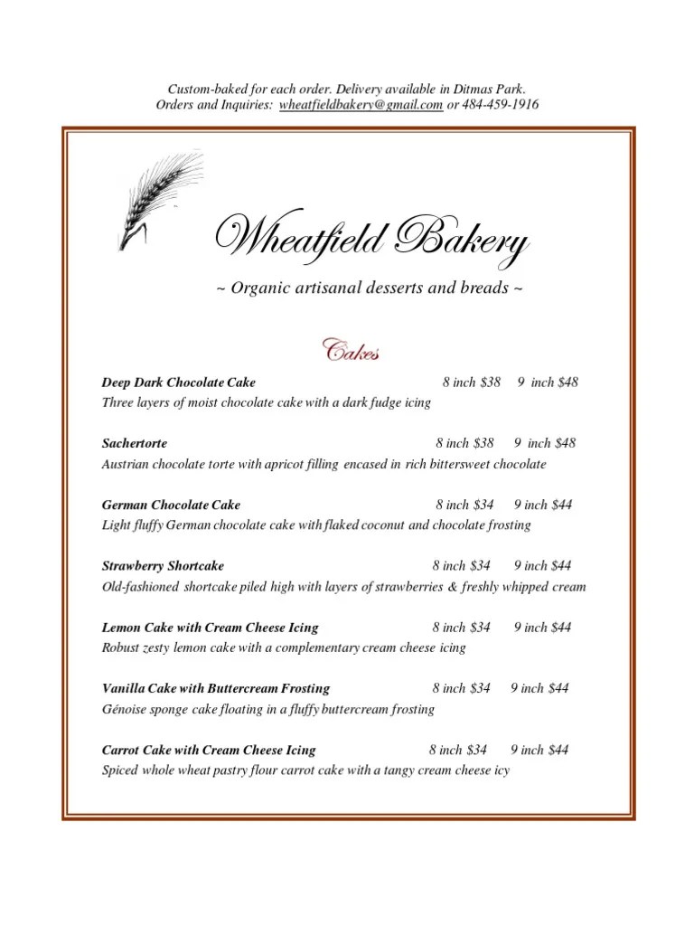 Wheatfield Bakery Menu Cakes Desserts