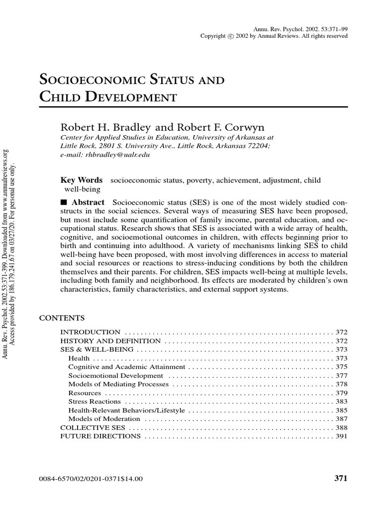 Socioeconomic Status and Child Development Bradley R and Corwyn R