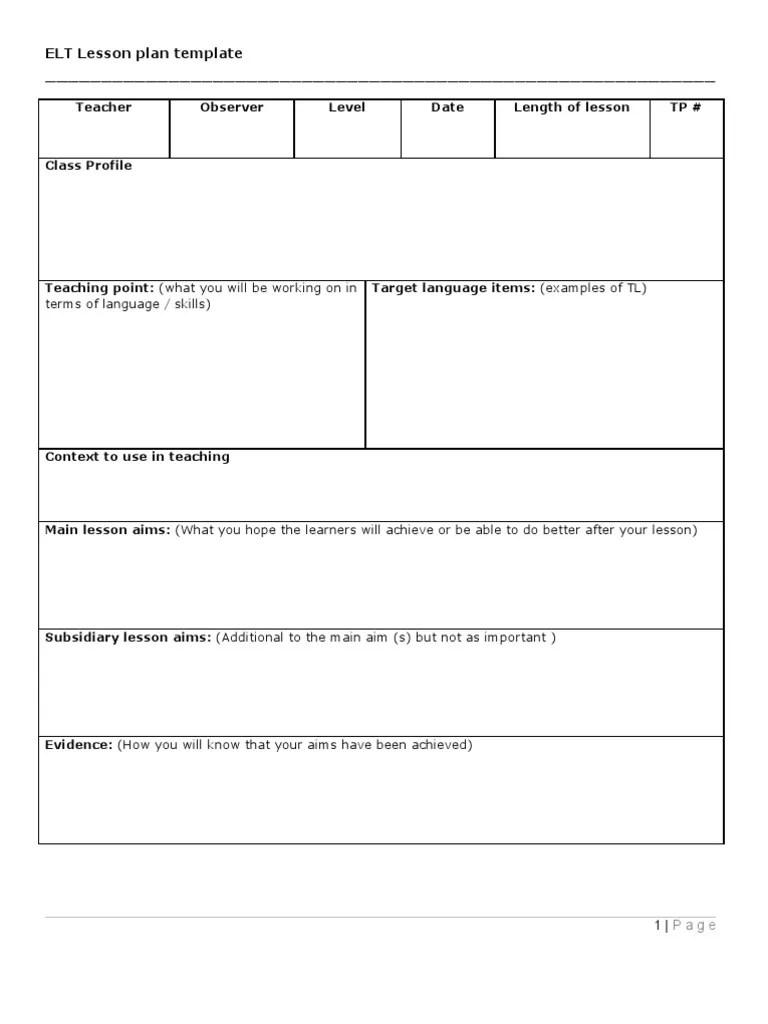 TEFL Lesson Plan Template PDF Lesson Plan Teaching