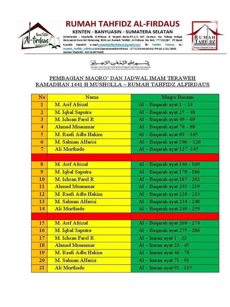 Jadwal &amp; Pembagian Maqro Bacaan Imam Taraweh Alfirdaus | PDF