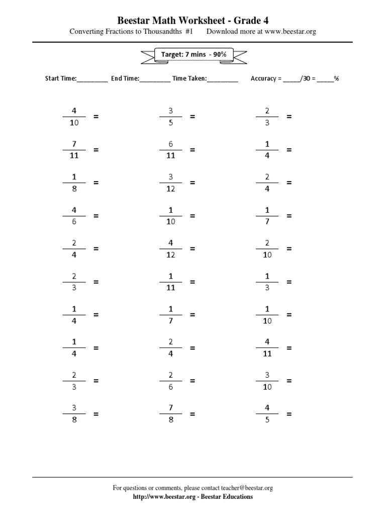 Beestar Math Worksheet Grade 4 Target 7 Mins 90 PDF