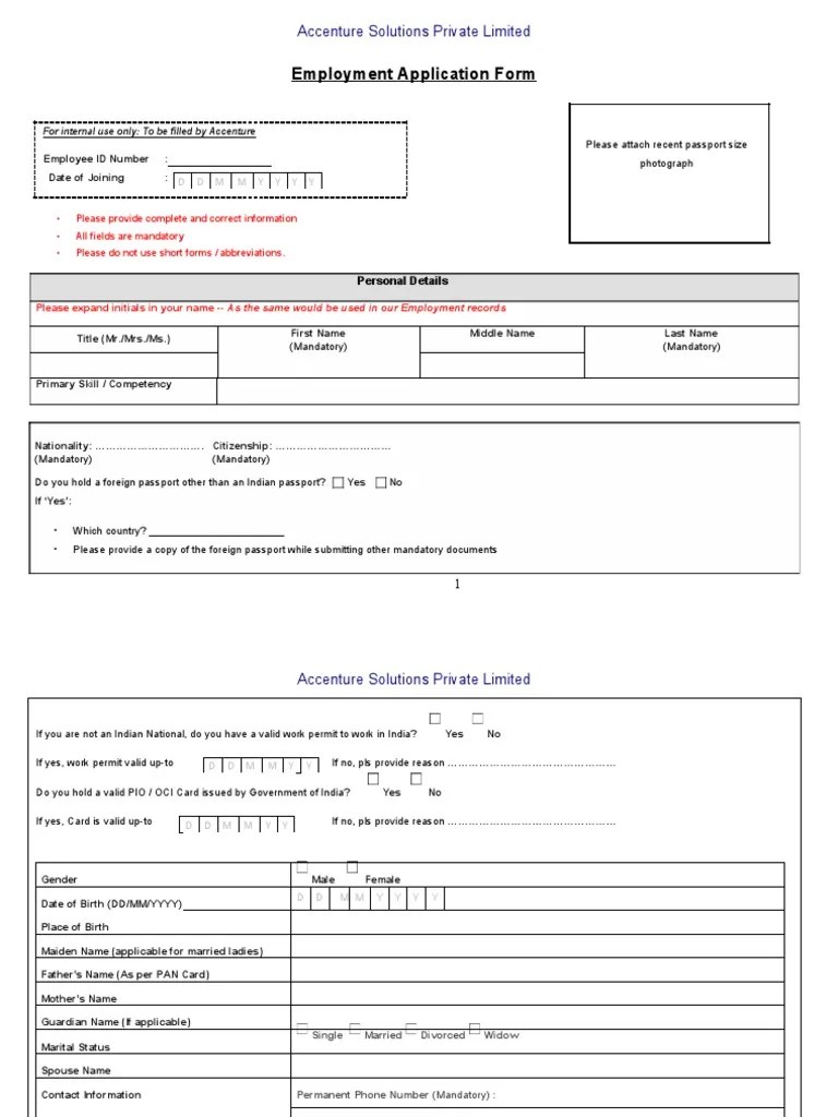 Employment Application Form Accenture Solutions Private Limited PDF