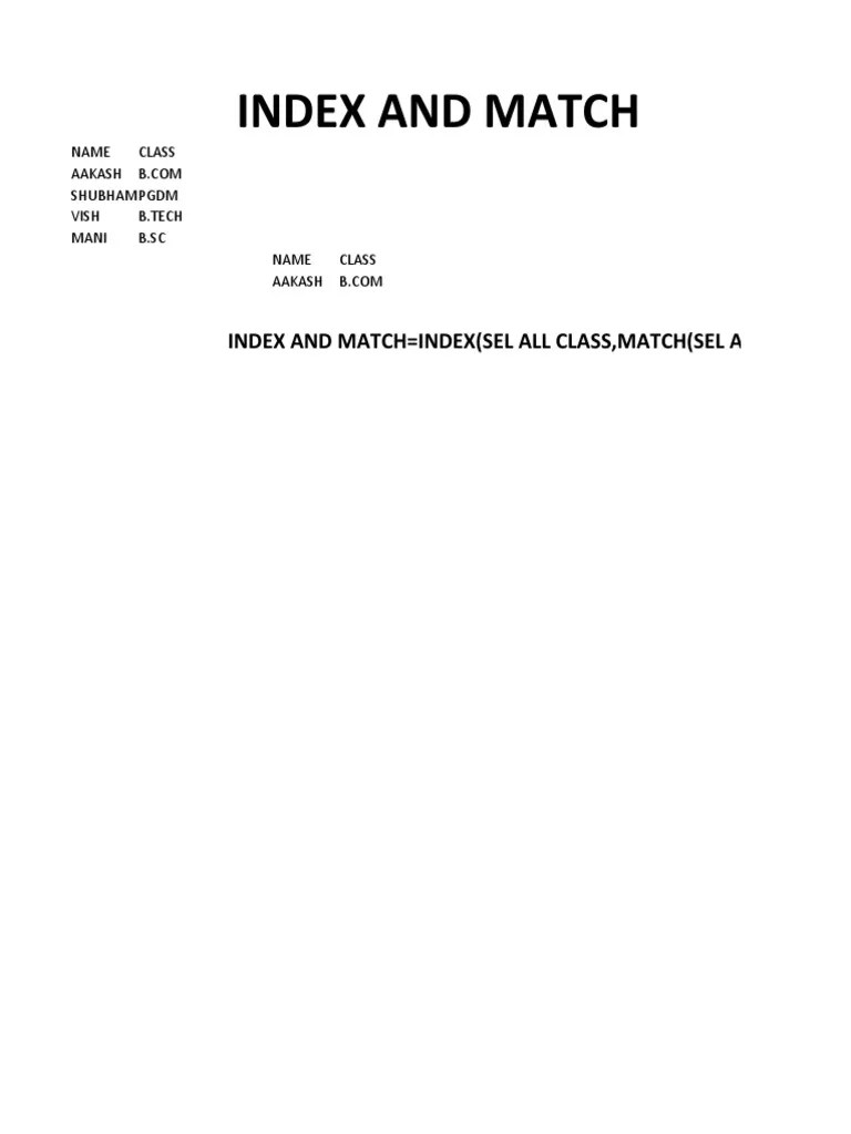 Index and Match Index (Sel All Class, Match (Sel All Name, 0) PDF