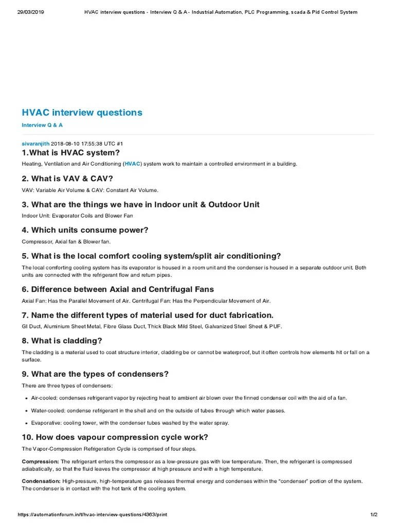Hvac Interview Questions PDF Civil Engineering Branches Of