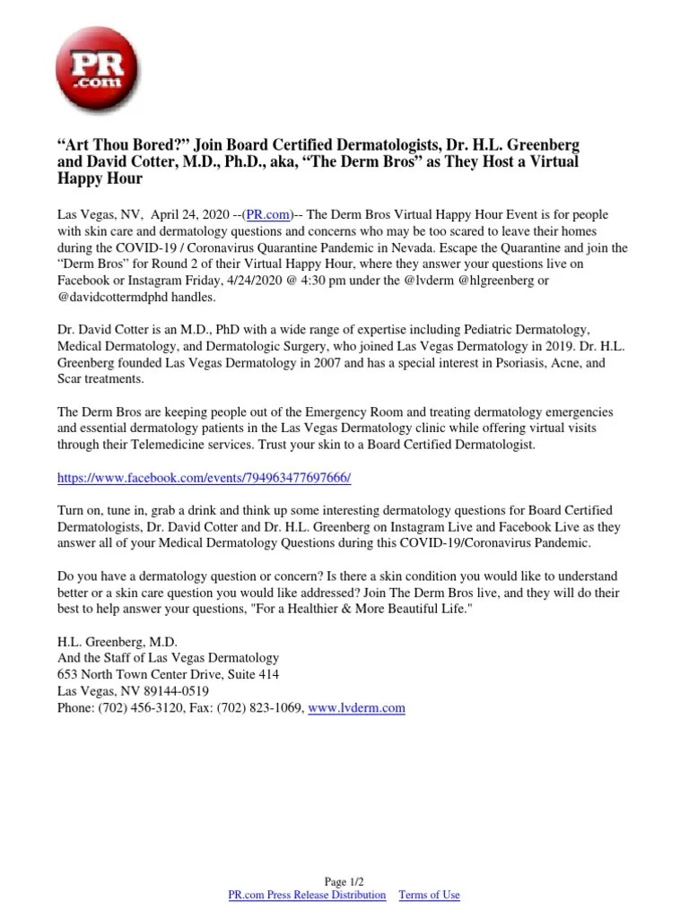 "Art Thou Bored?" Join Board Certified Dermatologists, Dr. H.L