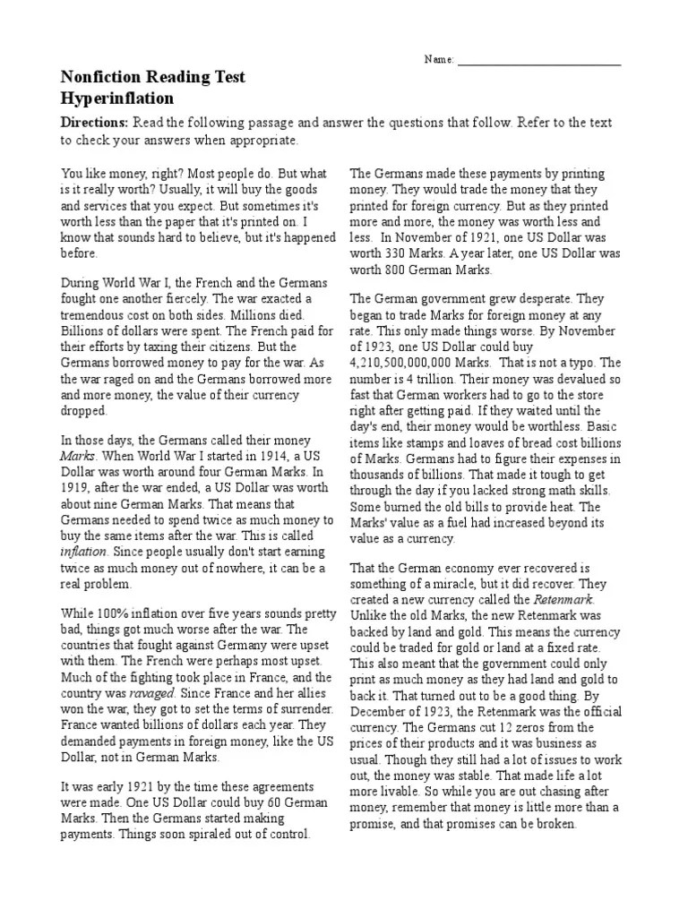 Nonfiction Reading Test Hyperinflation To Check Your Answers When