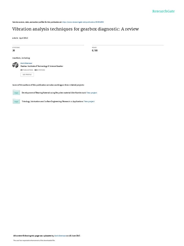 Vibration Analysis Techniques For Gearbox Diagnostic A Review PDF