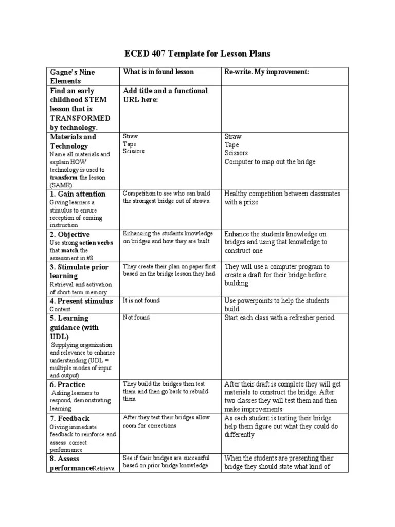Gagne Lesson Plan Template To Improve Lesson 1 PDF Instructional Design Lesson Plan