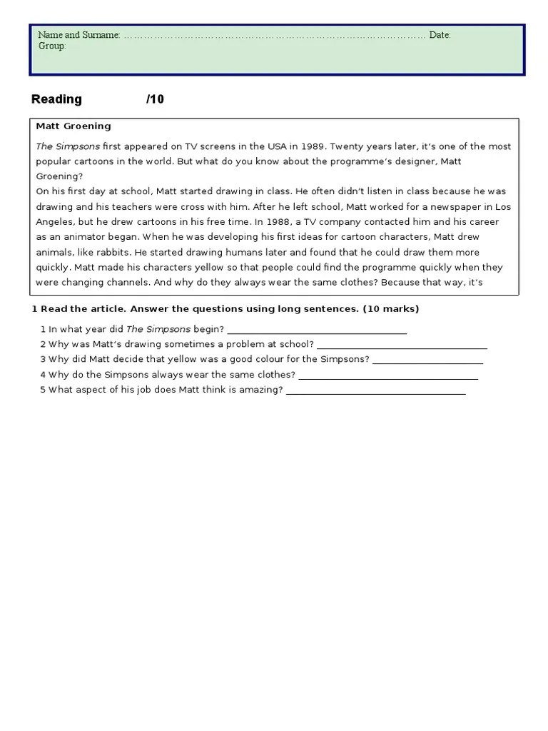 Reading /10 Name and Surname Date Group PDF