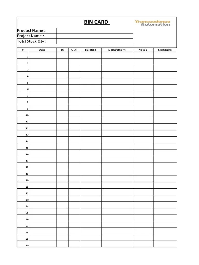Bin Card Product Name Project Name Totsl Stock Qty PDF