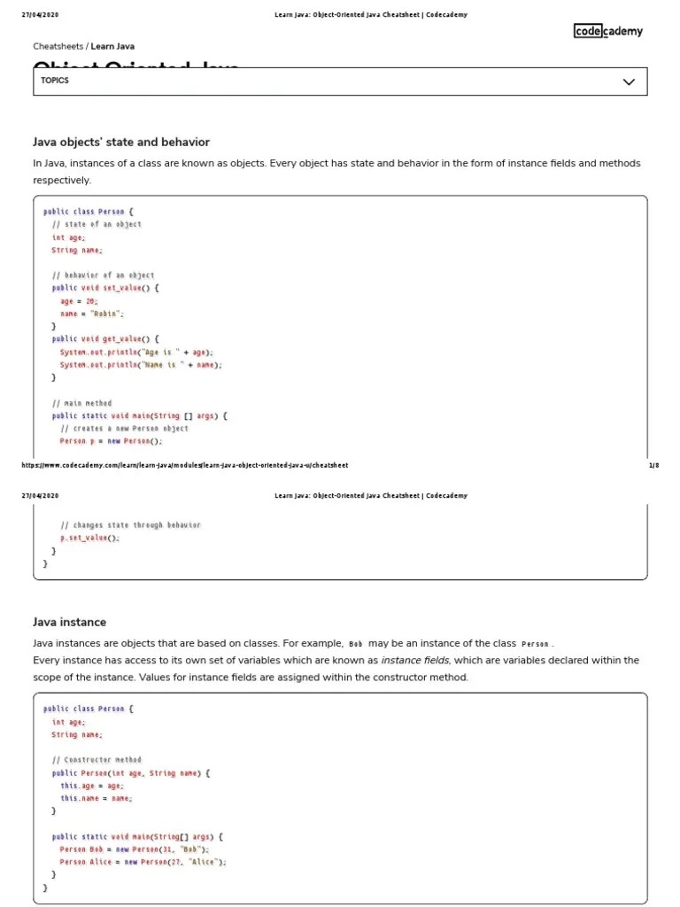 Learn Java ObjectOriented Java Cheatsheet Codecademy PDF PDF
