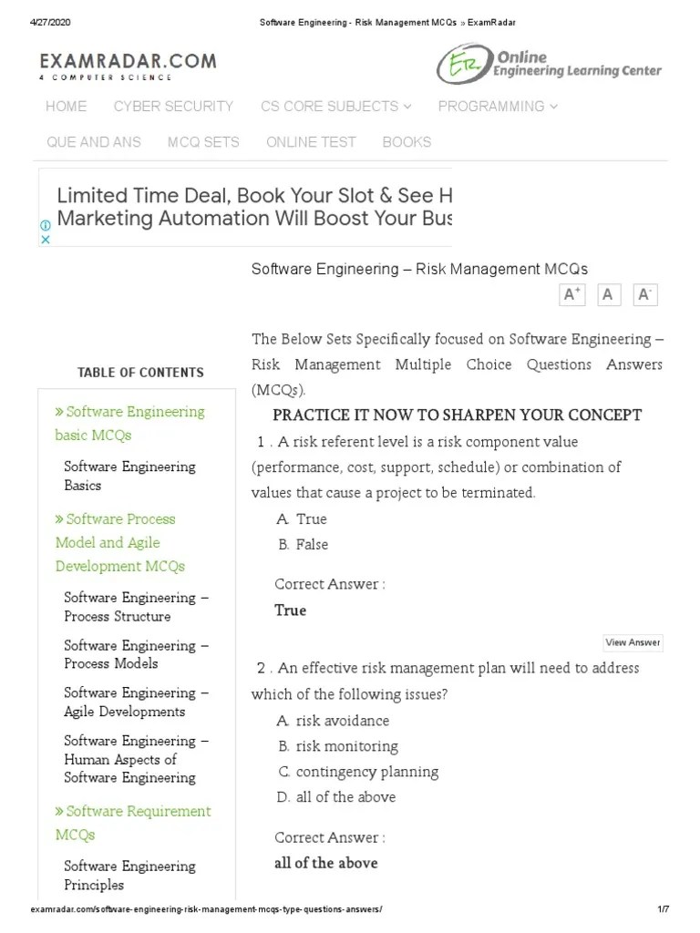 Software Engineering Risk Management MCQs ExamRadar PDF Multiple