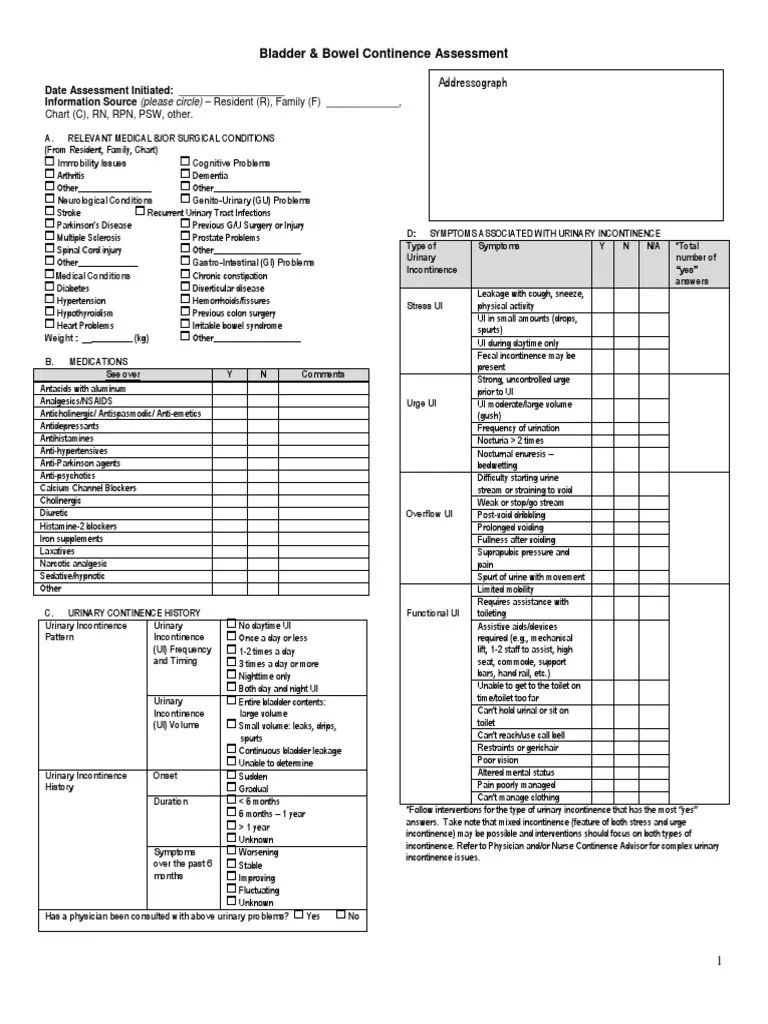 Bladder & Bowel Continence Assessment Chart (C), RN, RPN, PSW, Other