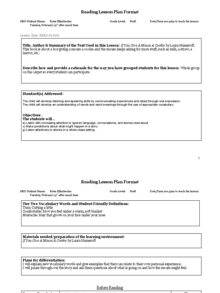 Jmu Lesson Plan Read Aloud 1 PDF Vocabulary Lesson Plan