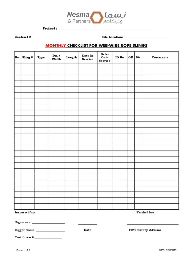 Monthly Inspection Checklist for /Wire Rope Slings at Construction