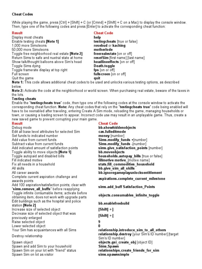 The Sims 4 Cheat Codes 1 PDF PDF Cheating In Video Games Computing
