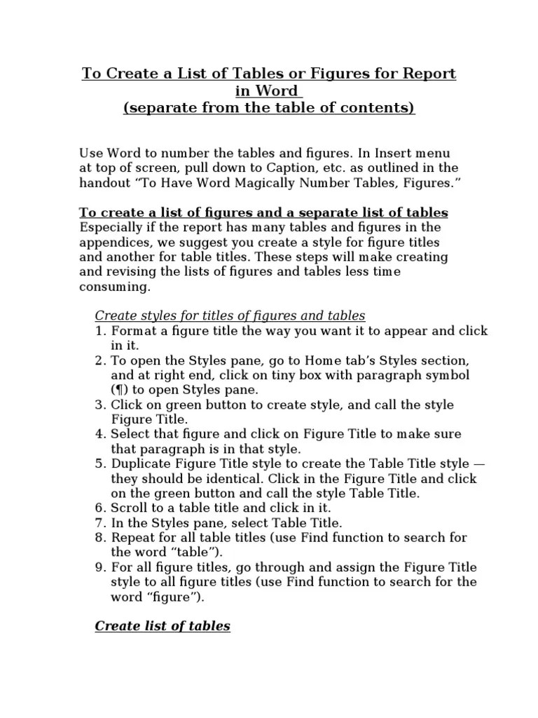 Creating Accurate Lists of Tables and Figures for Reports in Word Using