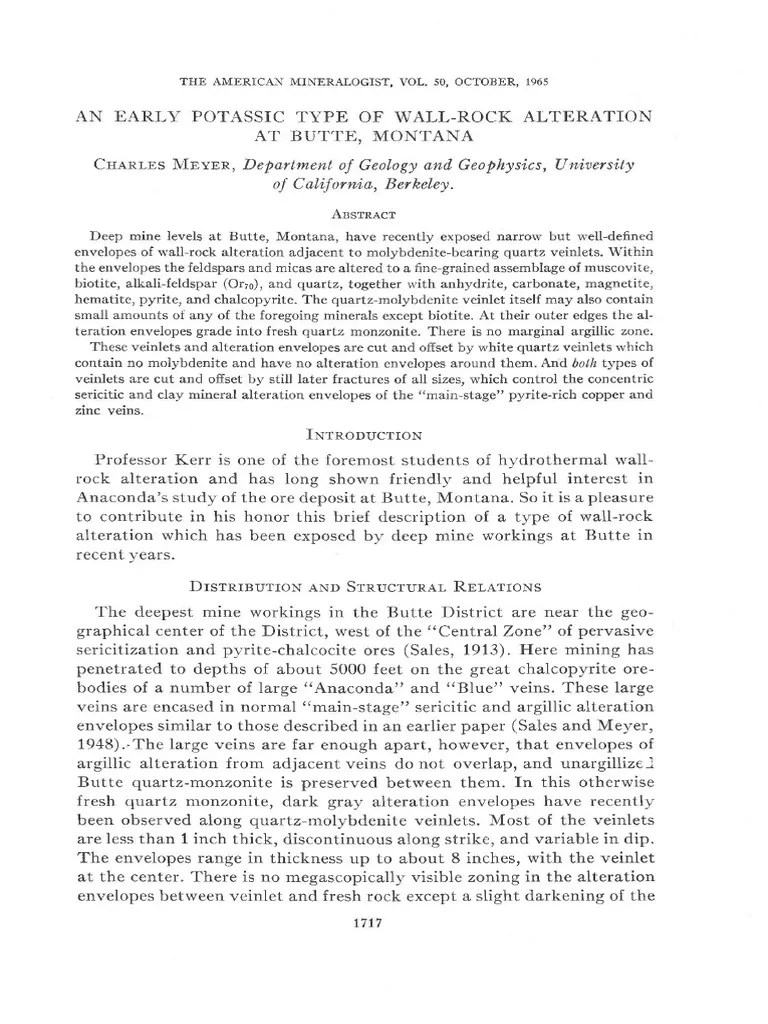 An Early Potassic Type of WallRock Alteration at Butte Montana Meyer