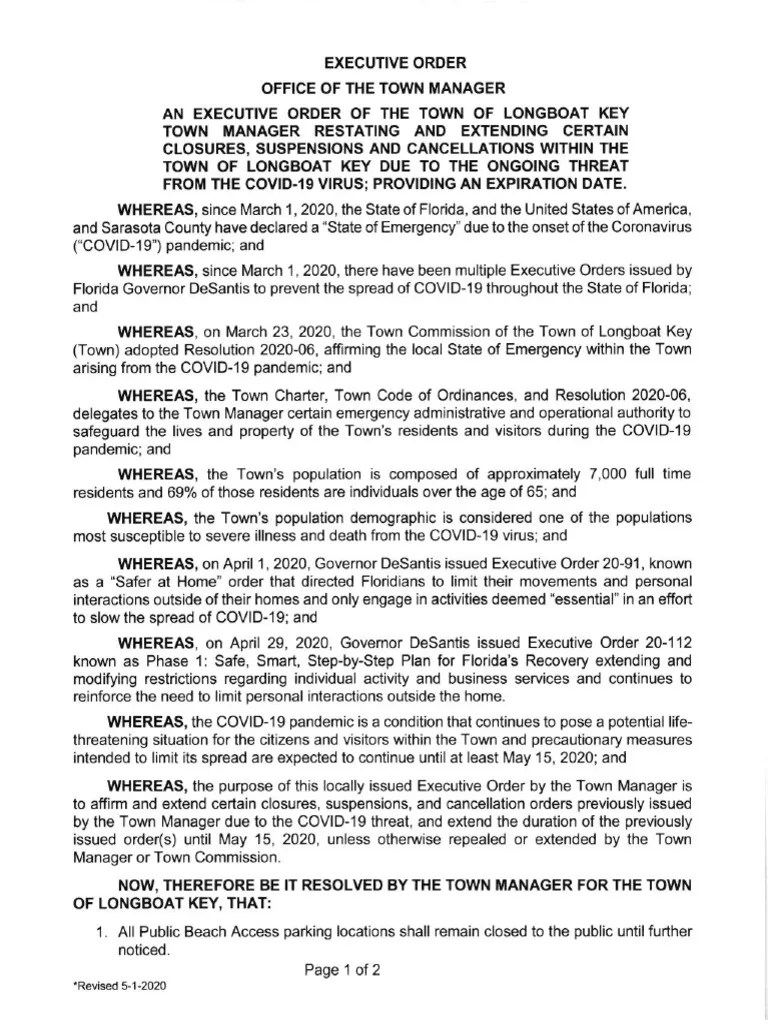 May 1, 2020, Executive Order From Longboat Key Town Manager Tom Harmer
