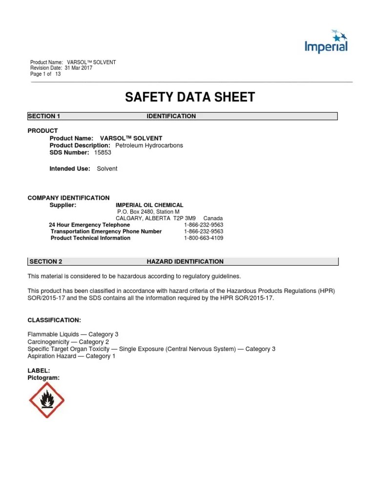 Varsol SDS PDF Toxicity Firefighting