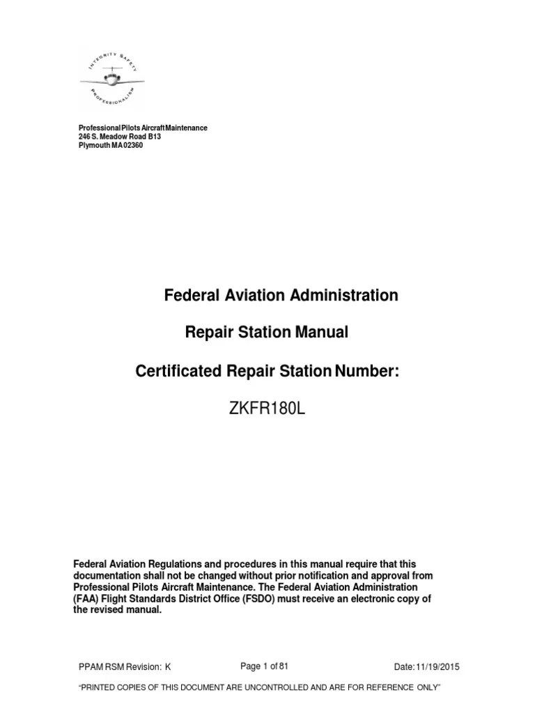 Federal Aviation Administration Repair Station Manual Certificated