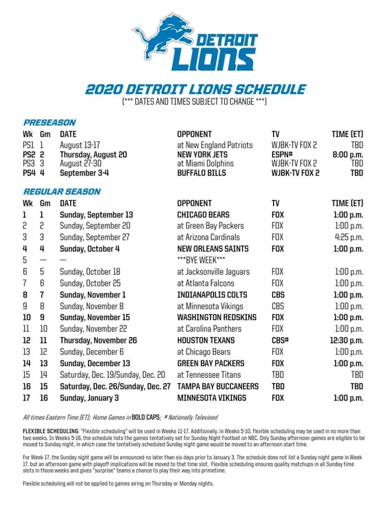 Detroit Lions Football Schedule 2024 23 2020 Det Schedule PDF Professional Sports Leagues American