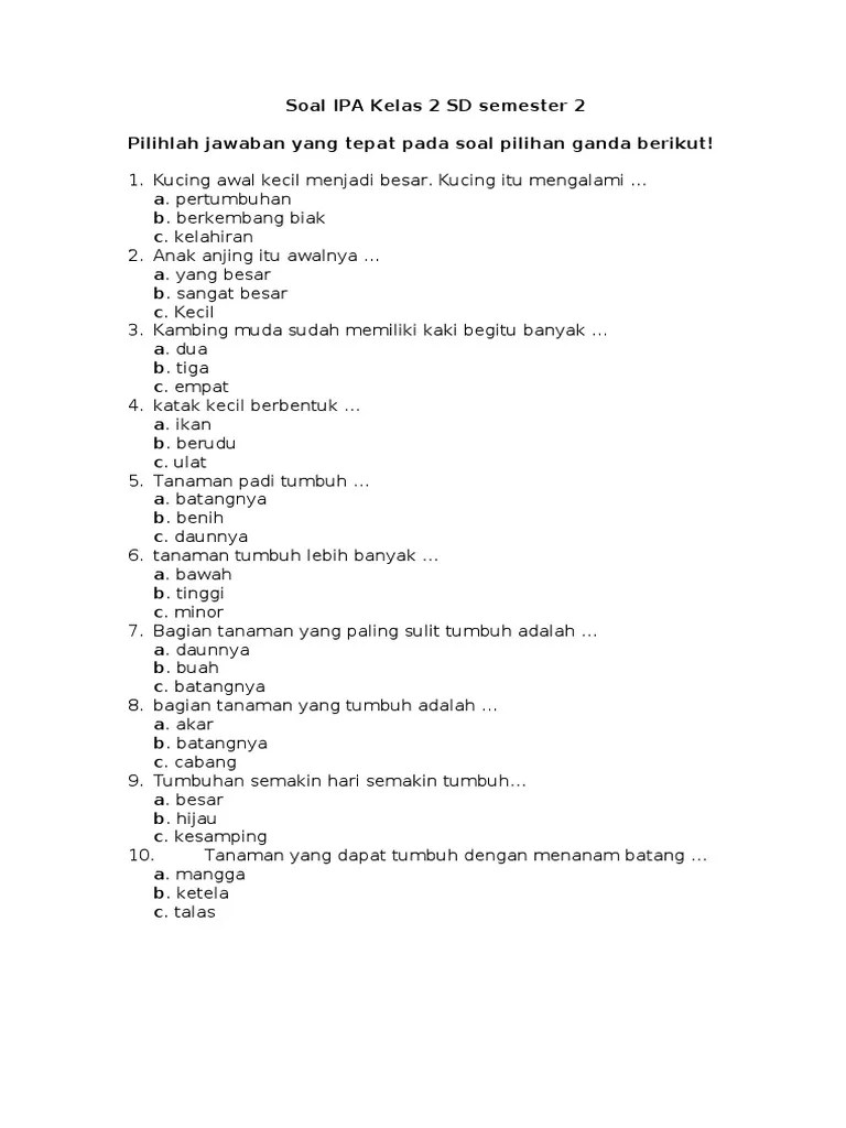 Soal IPA Kelas 2 SD Semester 2 | PDF