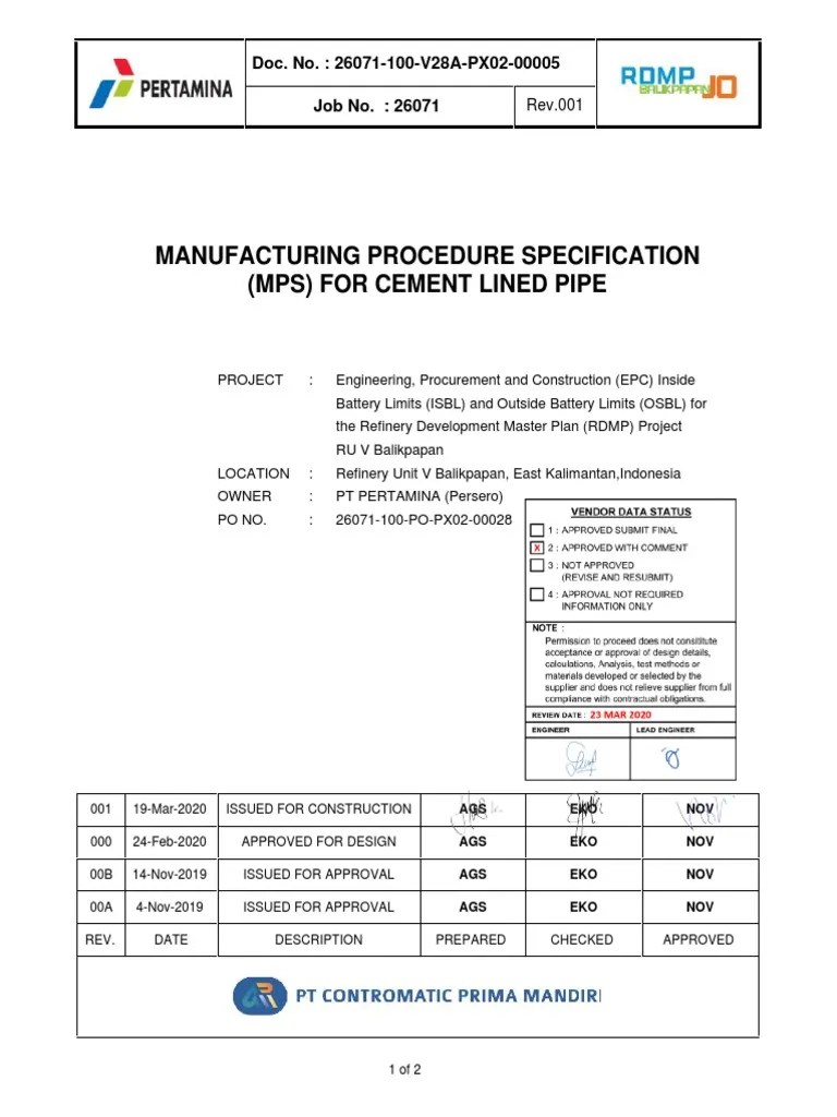26071100V28APX0200005001Manufacturing Specification Procedure