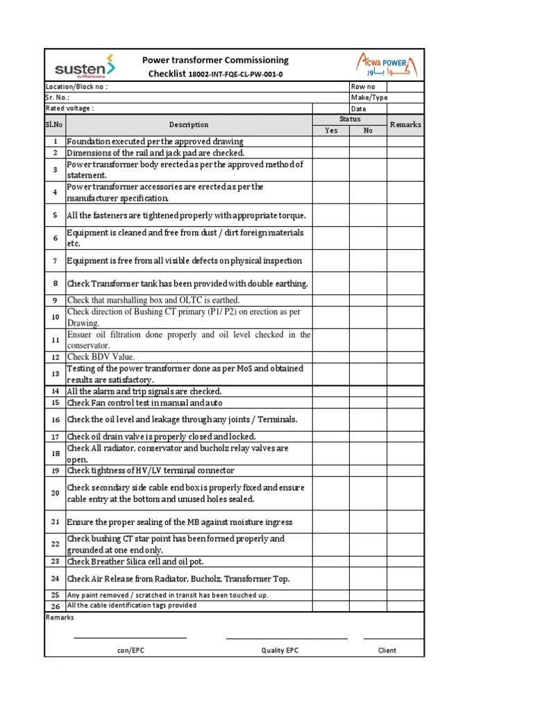 Power transformer Commissioning Checklist 18002INTFQECLPW0010