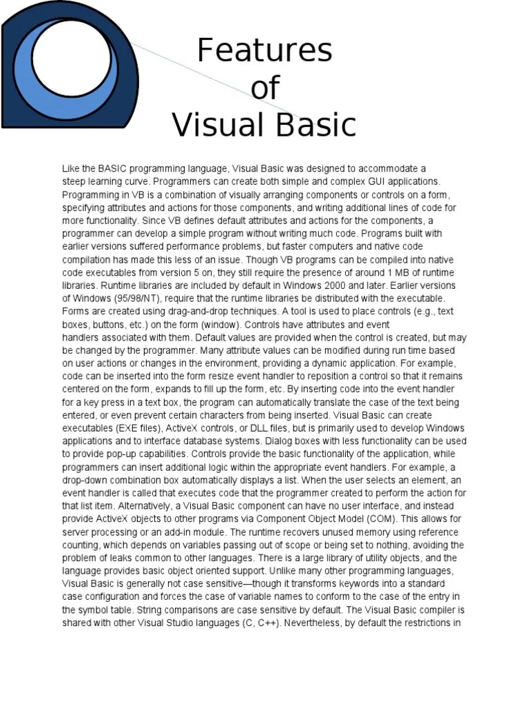 Features of Visual Basic PDF Computer Science Computing