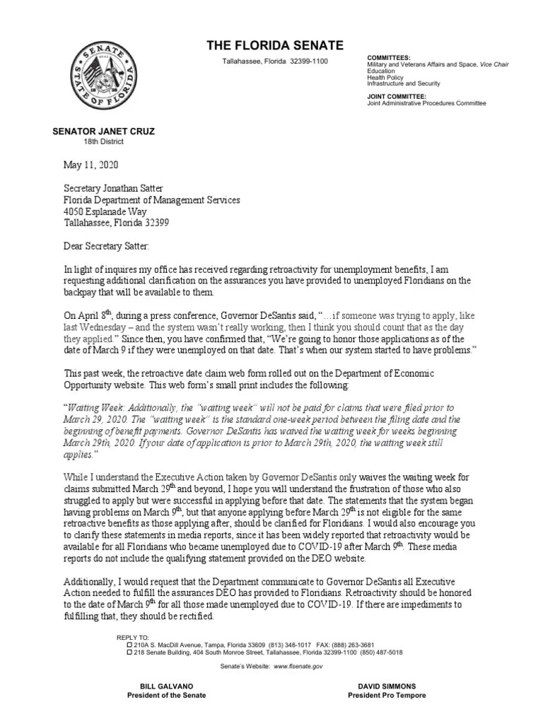 Letter to Secretary Satter from State Senator Cruz Federal