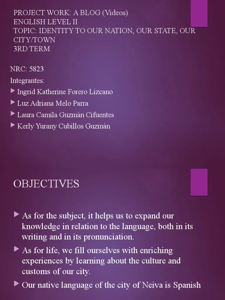 Project Work: A Blog (Videos) English Level Ii Topic: Identity To Our