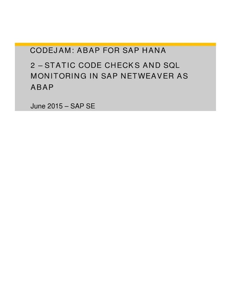 Codejam Abap For Sap Hana 2 Static Code Checks and SQL Monitoring in