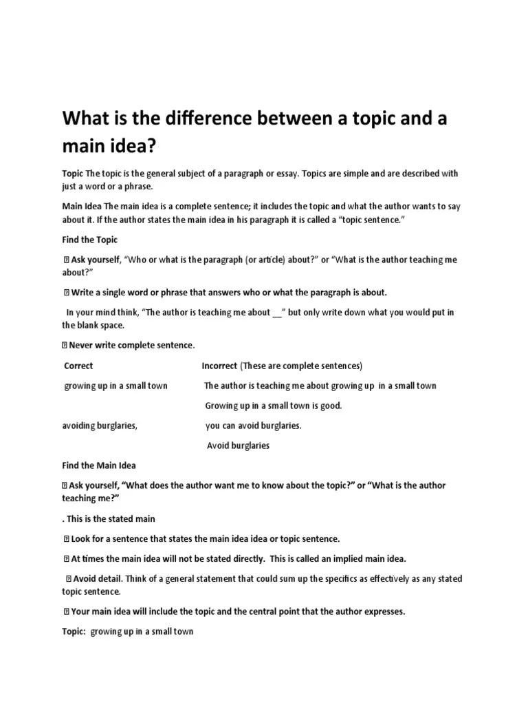 What Is The Difference Between A Topic and A Main Idea PDF Idea