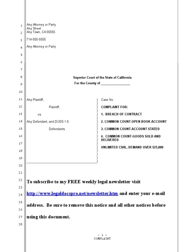 Sample California complaint for breach of contract and common counts