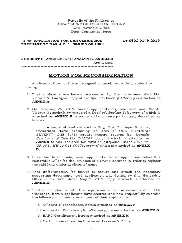 Motion For Reconsideration Pursuant To Dar A.O. 1, Series of 1989