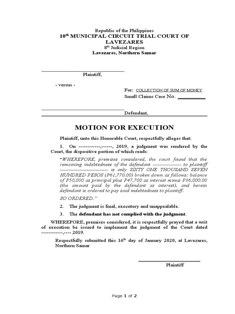 Motion For Issuance of WRIT OF EXECUTION in Small Claims Philippines PDF