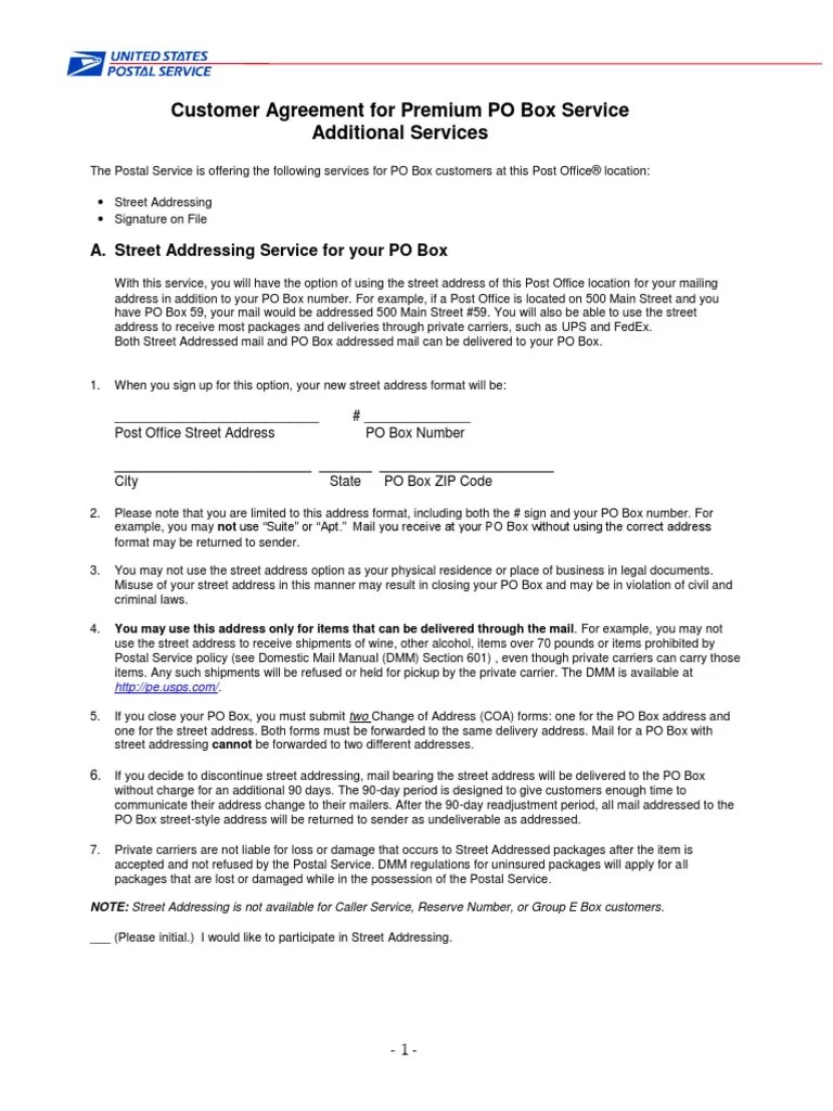 Customer Agreement For Premium Po Box Service Enhancements PDF 