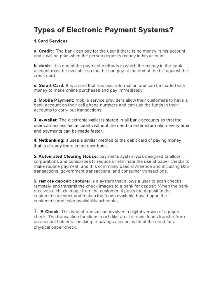 Types of Electronic Payment Systems PDF