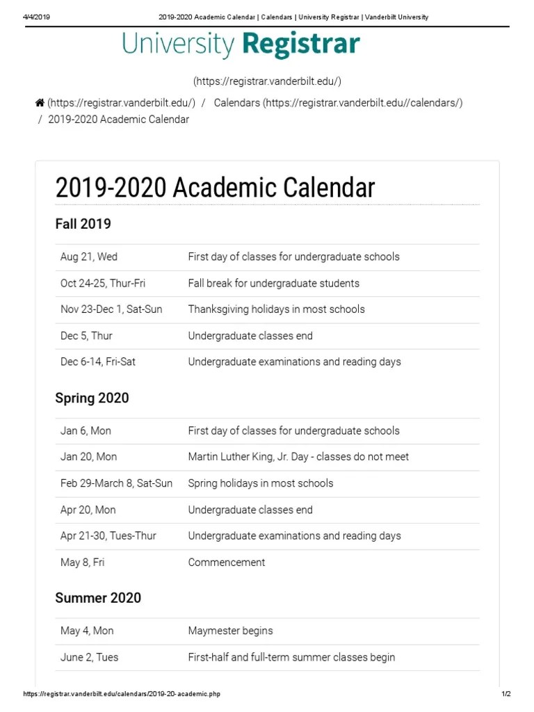 20192020 Academic Calendar Calendars University Registrar Vanderbilt University PDF Academic Term Educational Organizations
