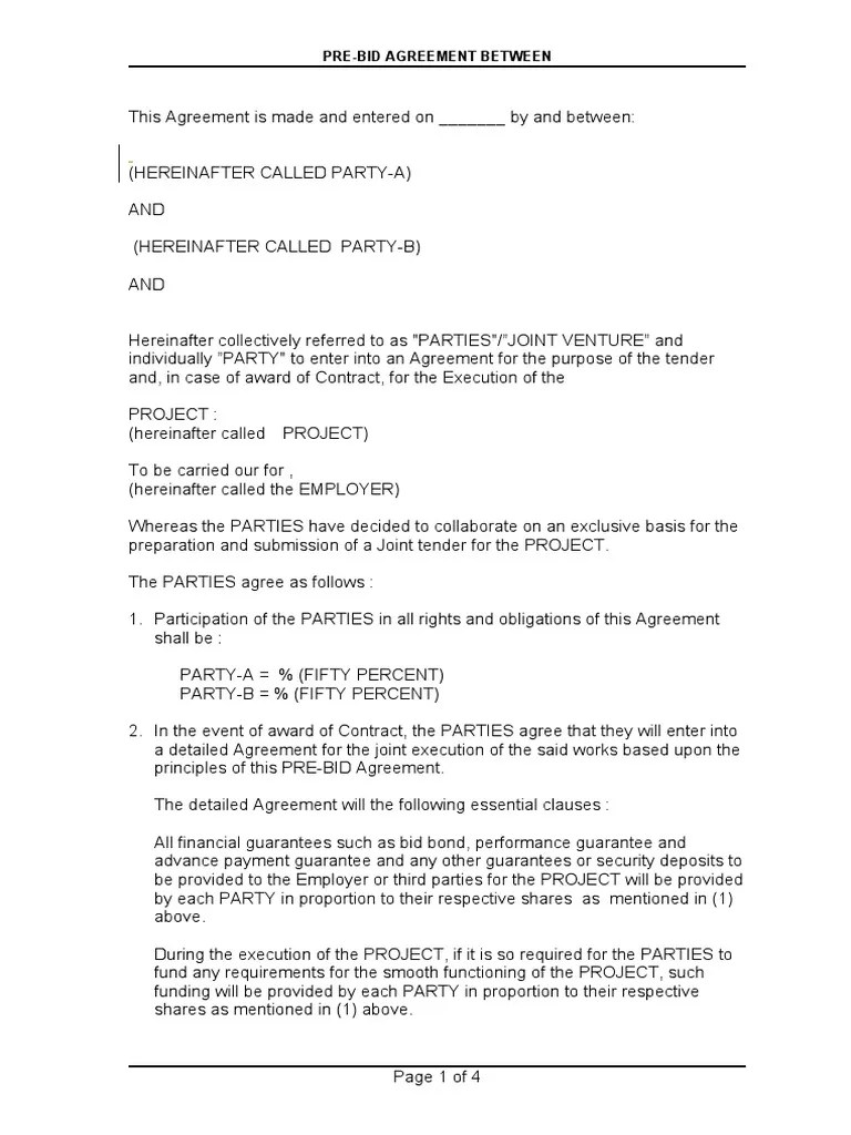 Format of Pre Bid JV Agreement