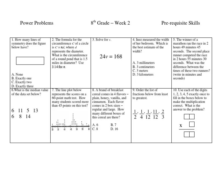 Power Problems 8 Grade Week 2 PreRequisite Skills PDF Teaching