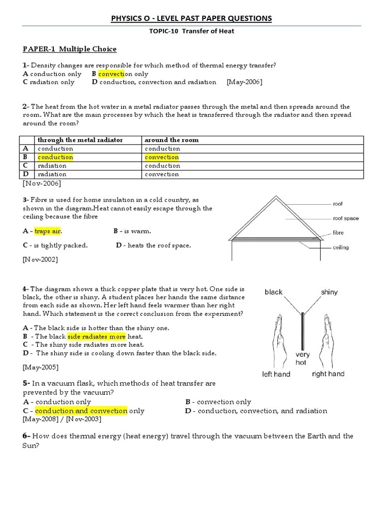 Level Past Paper Questions Physics O TOPIC10 Transfer of Heat PAPER