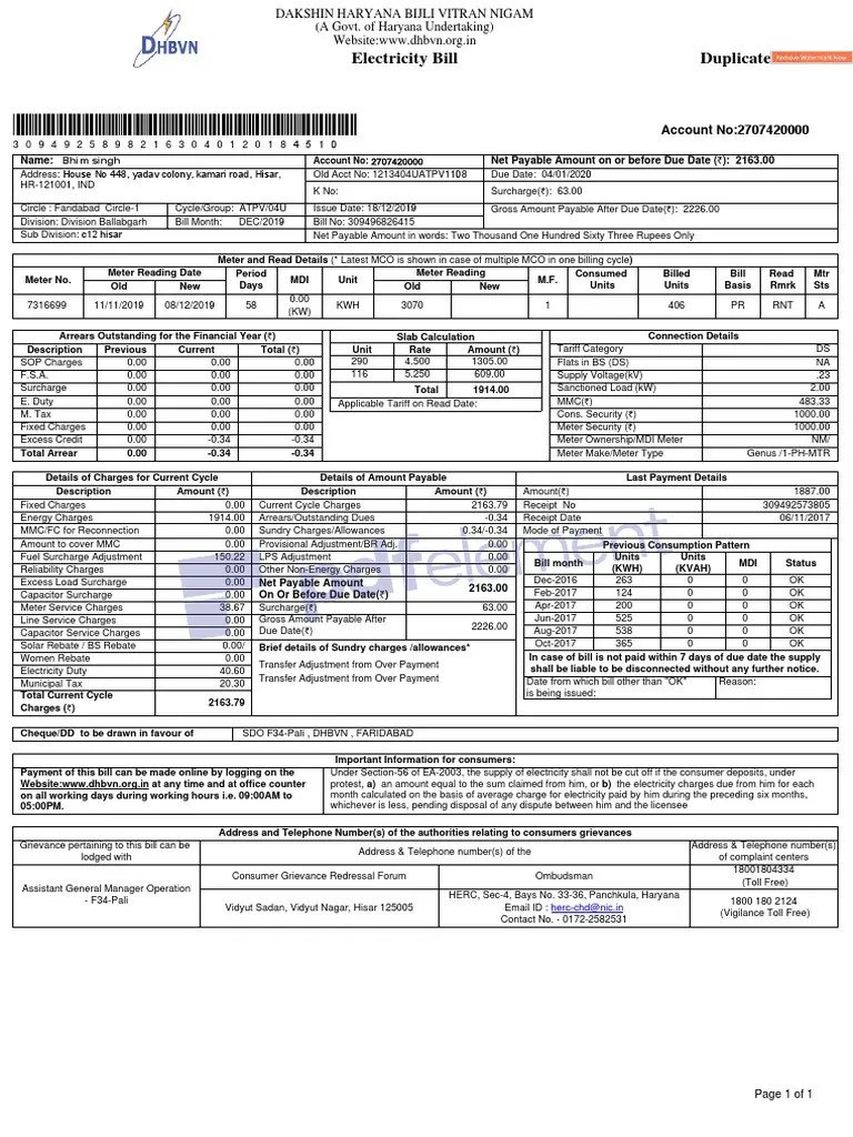 Electricity Bill Duplicate Bill Him Singh PDF Electricity