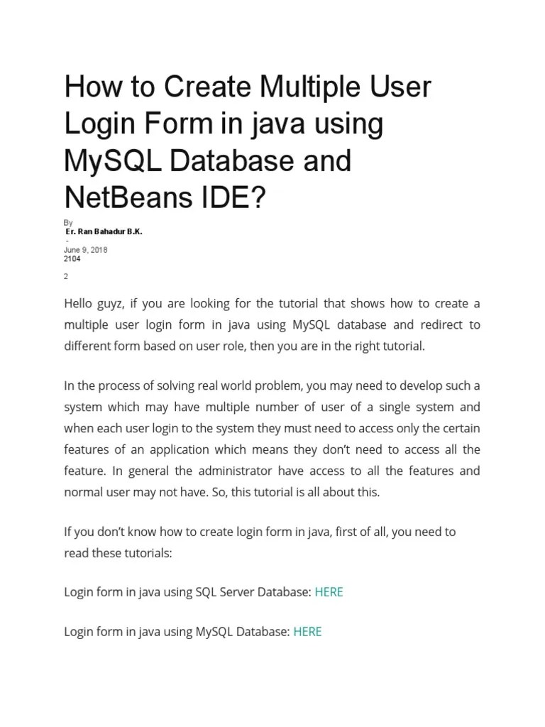 How To Create Multiple User Login Form in Java Using MySQL Database and